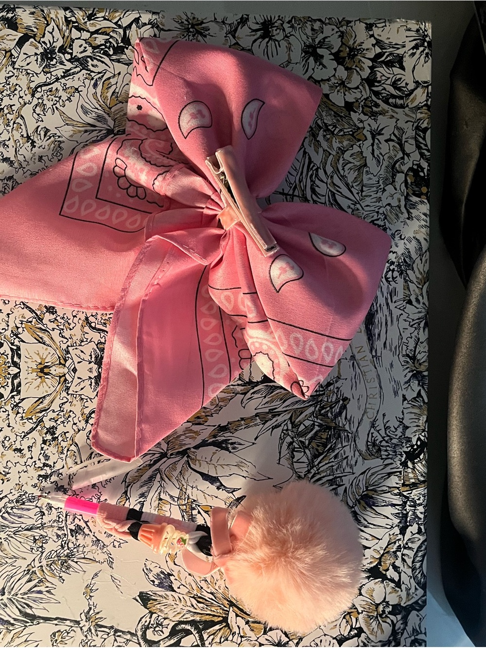 Handmade Pink Bow Hair Clip with Pom Pom Pen Set and Ice Cream Charm - Picture 2 of 2